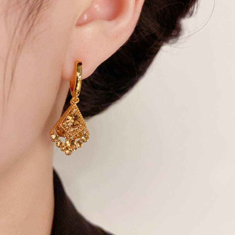 14K Gold Double-Layer Diamond-Set Rhombus Earrings
