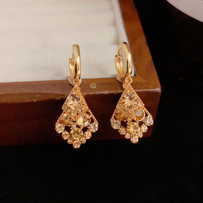 14K Gold Double-Layer Diamond-Set Rhombus Earrings