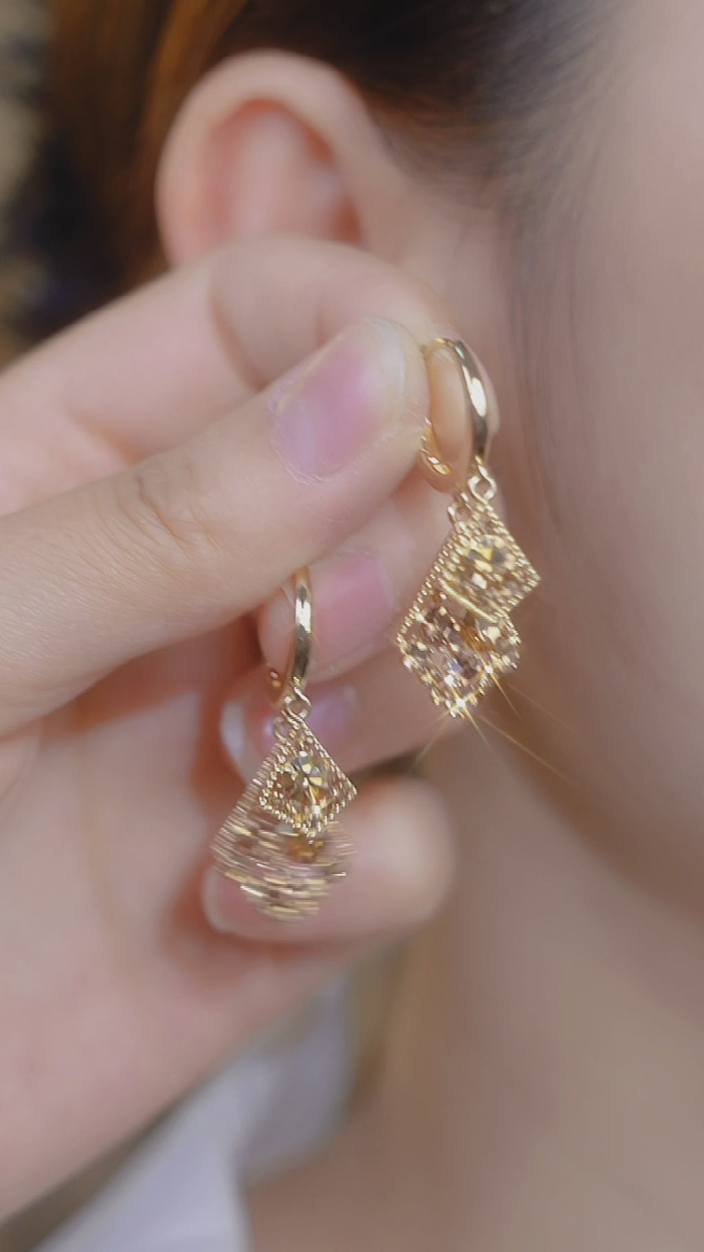 14K Gold Double-Layer Diamond-Set Rhombus Earrings